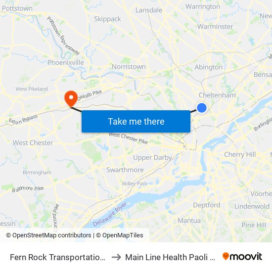 Fern Rock Transportation Center to Main Line Health Paoli Hospital map