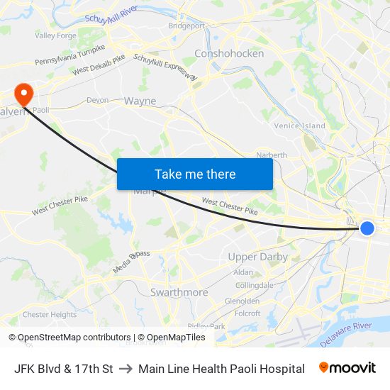 JFK Blvd & 17th St to Main Line Health Paoli Hospital map