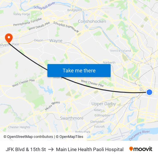 JFK Blvd & 15th St to Main Line Health Paoli Hospital map