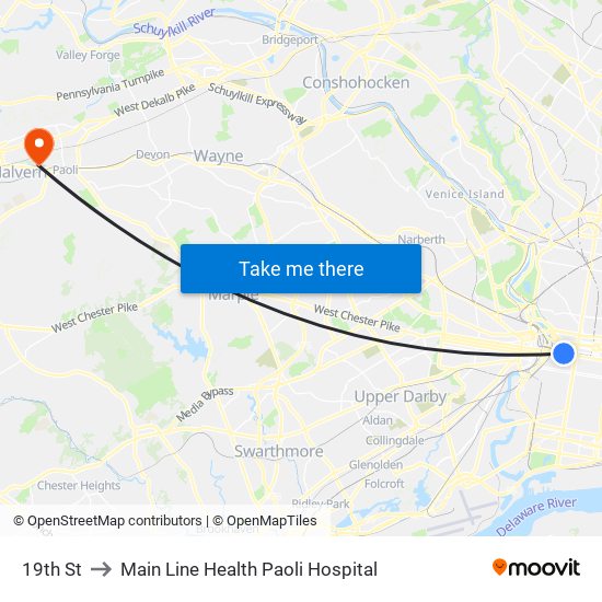 19th St to Main Line Health Paoli Hospital map