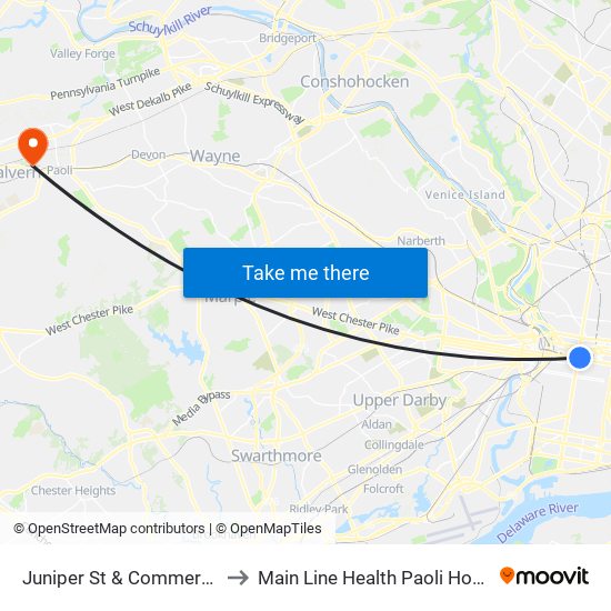 Juniper St & Commerce St to Main Line Health Paoli Hospital map
