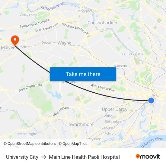 University City to Main Line Health Paoli Hospital map