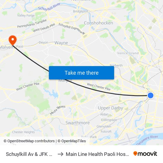 Schuylkill Av & JFK Blvd to Main Line Health Paoli Hospital map