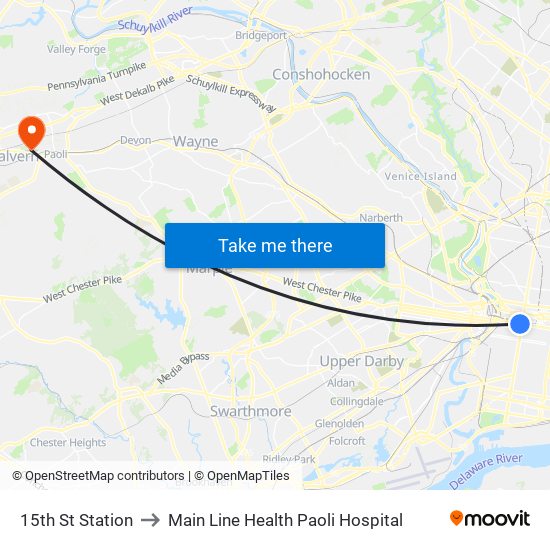 15th St Station to Main Line Health Paoli Hospital map