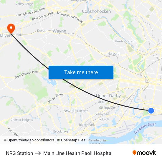 NRG Station to Main Line Health Paoli Hospital map