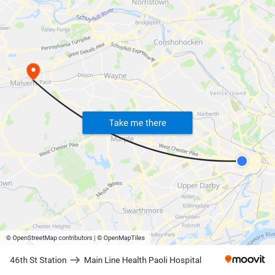 46th St Station to Main Line Health Paoli Hospital map