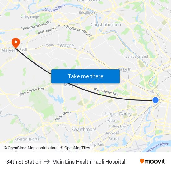 34th St Station to Main Line Health Paoli Hospital map