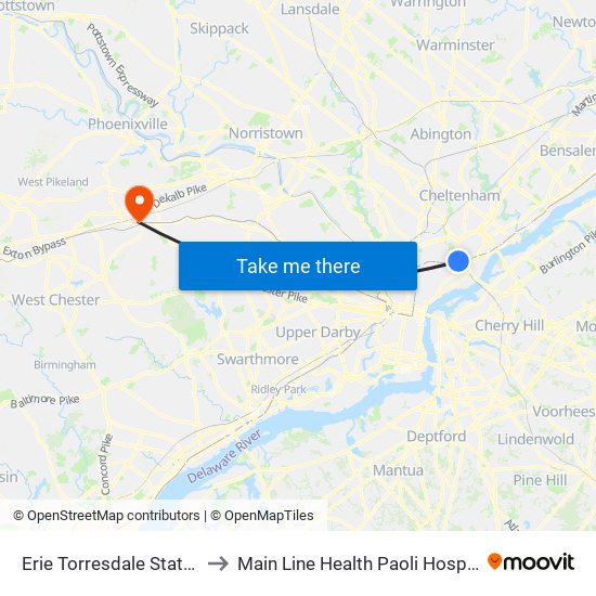 Erie Torresdale Station to Main Line Health Paoli Hospital map