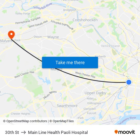 30th St to Main Line Health Paoli Hospital map