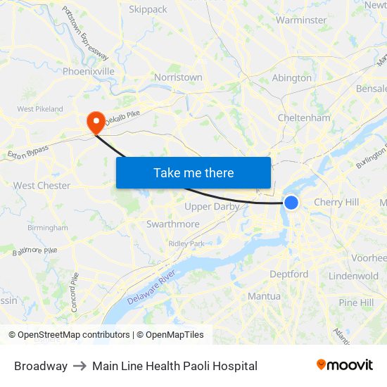 Broadway to Main Line Health Paoli Hospital map