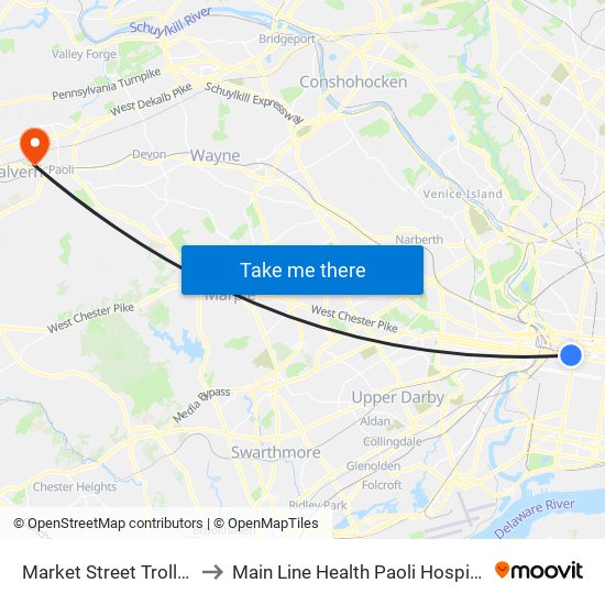 Market Street Trolley to Main Line Health Paoli Hospital map