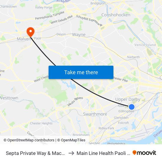 Septa Private Way & Macdade Blvd to Main Line Health Paoli Hospital map