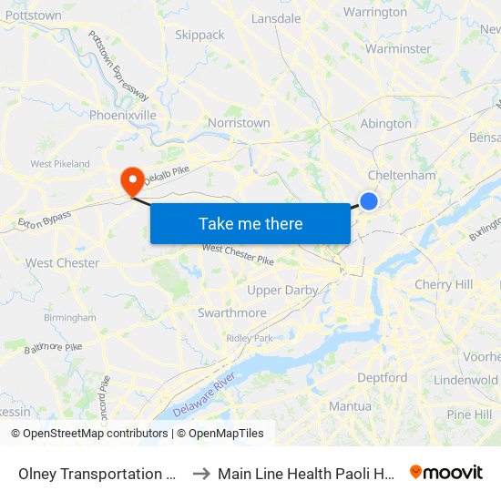 Olney Transportation Center to Main Line Health Paoli Hospital map