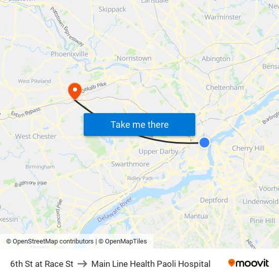 6th St at Race St to Main Line Health Paoli Hospital map