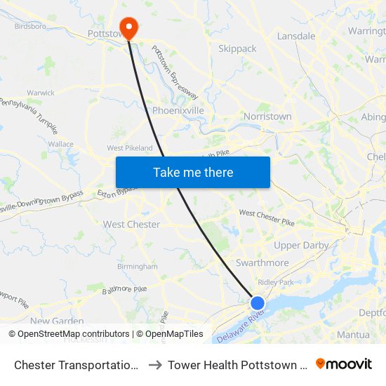 Chester Transportation Center to Tower Health Pottstown Hospital map