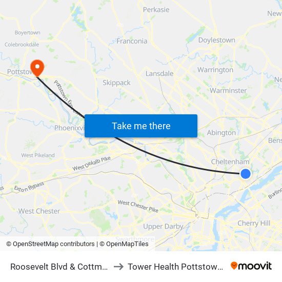 Roosevelt Blvd & Cottman Av - FS to Tower Health Pottstown Hospital map