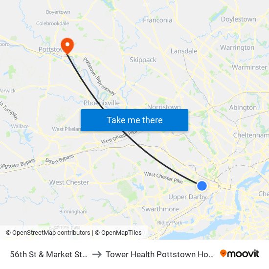 56th St & Market St - Fs to Tower Health Pottstown Hospital map