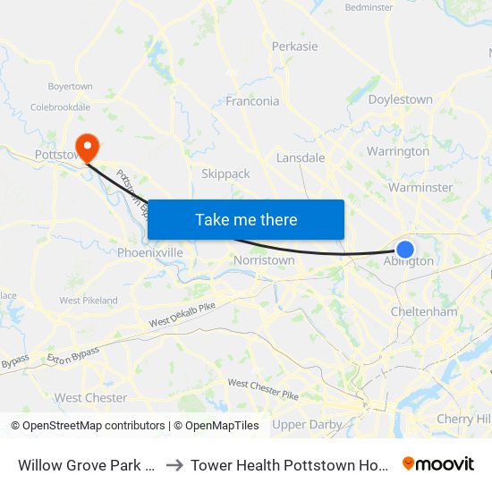 Willow Grove Park Mall to Tower Health Pottstown Hospital map