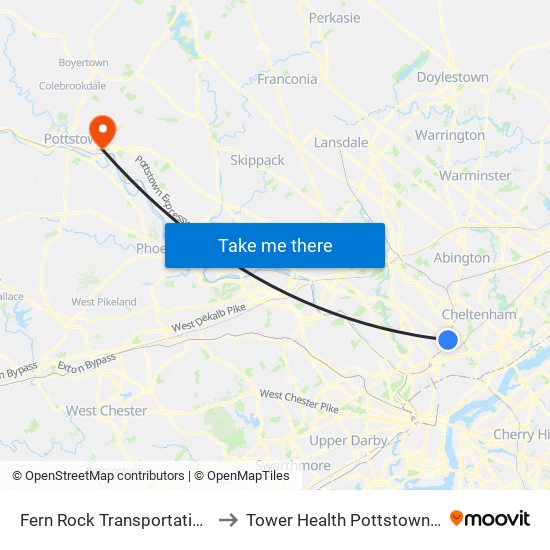 Fern Rock Transportation Center to Tower Health Pottstown Hospital map