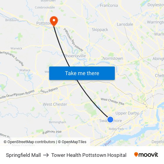 Springfield Mall to Tower Health Pottstown Hospital map