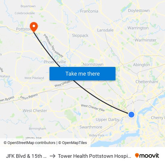 JFK Blvd & 15th St to Tower Health Pottstown Hospital map