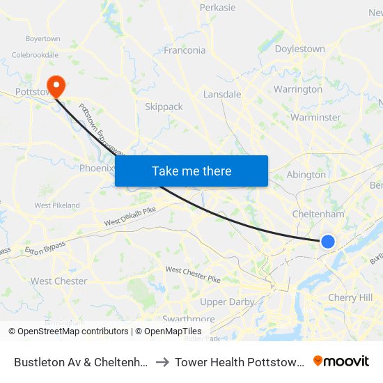 Bustleton Av & Cheltenham Av - Fs to Tower Health Pottstown Hospital map