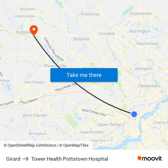 Girard to Tower Health Pottstown Hospital map