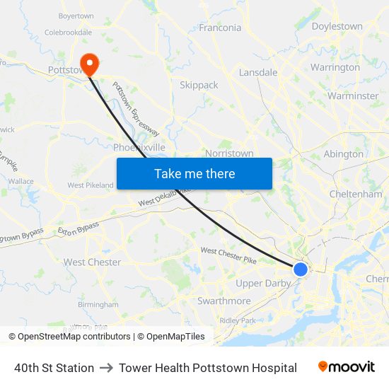 40th St Station to Tower Health Pottstown Hospital map