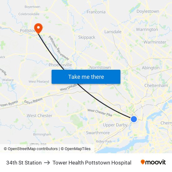34th St Station to Tower Health Pottstown Hospital map