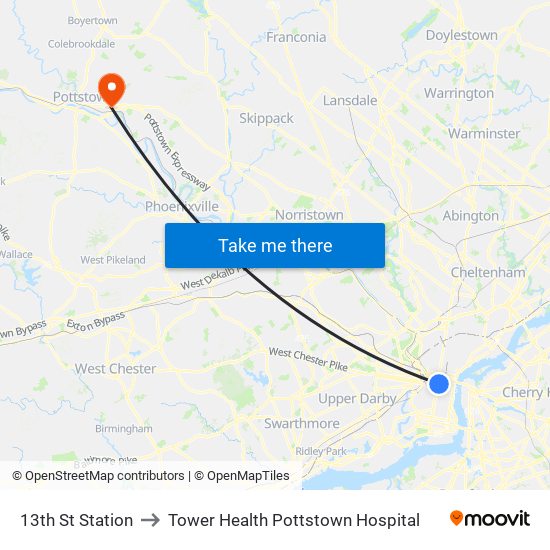 13th St Station to Tower Health Pottstown Hospital map