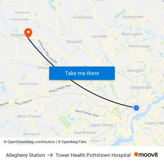 Allegheny Station to Tower Health Pottstown Hospital map
