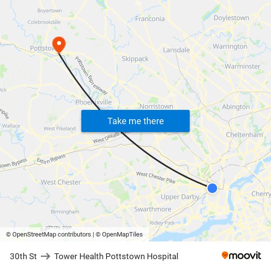 30th St to Tower Health Pottstown Hospital map