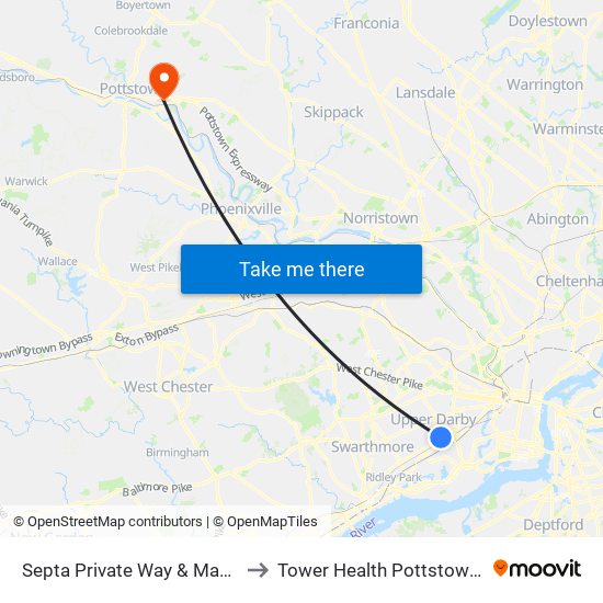 Septa Private Way & Macdade Blvd to Tower Health Pottstown Hospital map