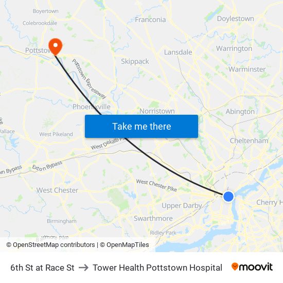 6th St at Race St to Tower Health Pottstown Hospital map