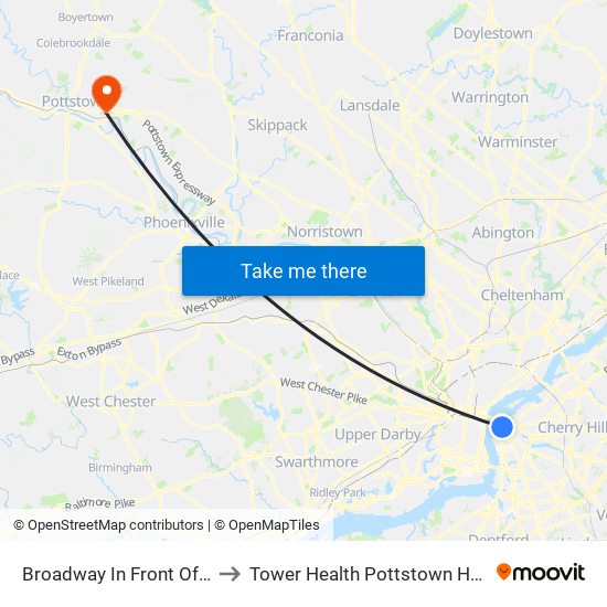 Broadway In Front Of Wrtc to Tower Health Pottstown Hospital map