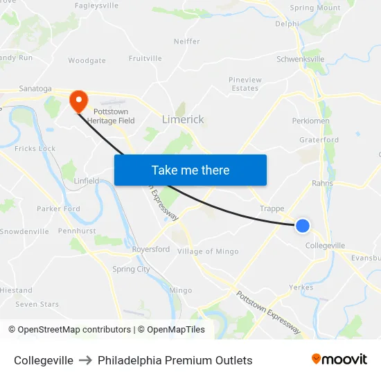 Collegeville to Philadelphia Premium Outlets map