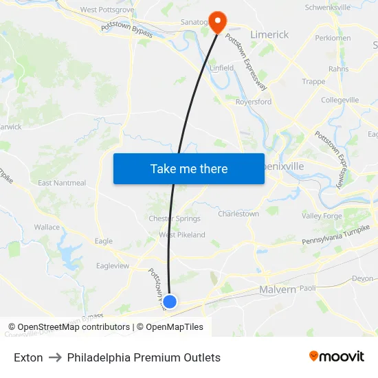 Exton to Philadelphia Premium Outlets map