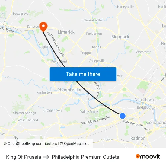 King Of Prussia to Philadelphia Premium Outlets map