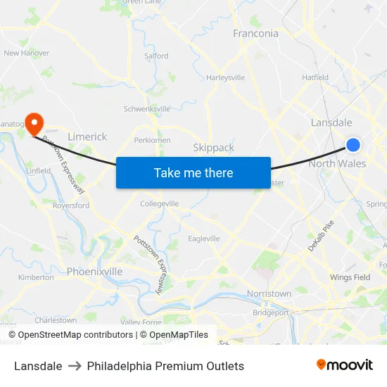 Lansdale to Philadelphia Premium Outlets map