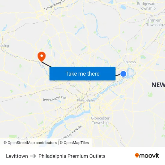 Levittown to Philadelphia Premium Outlets map