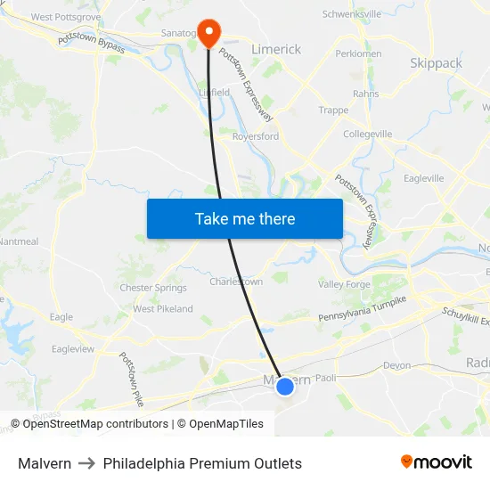 Malvern to Philadelphia Premium Outlets map