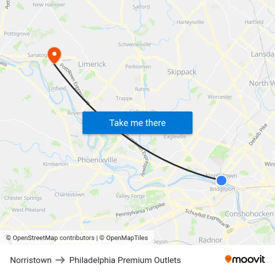 Norristown to Philadelphia Premium Outlets map