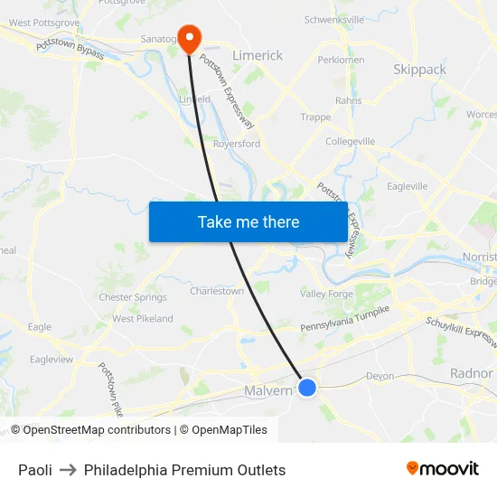Paoli to Philadelphia Premium Outlets map