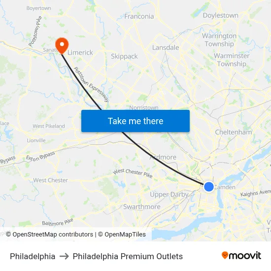 Philadelphia to Philadelphia Premium Outlets map