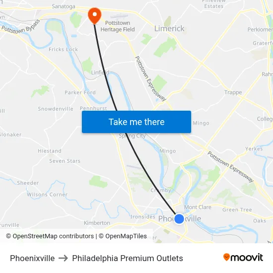 Phoenixville to Philadelphia Premium Outlets map