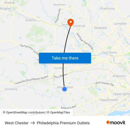 West Chester to Philadelphia Premium Outlets map