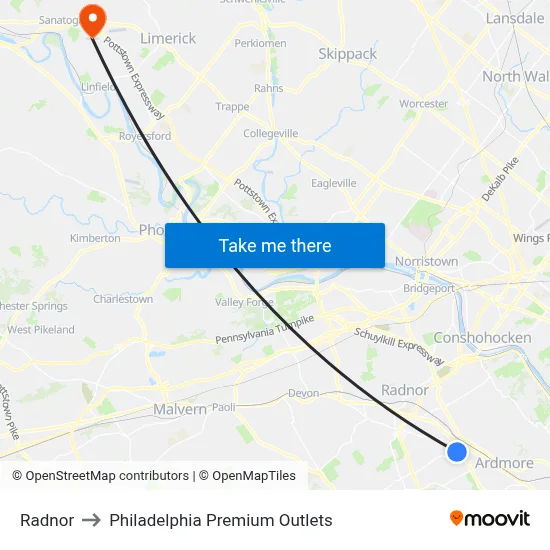 Radnor to Philadelphia Premium Outlets map