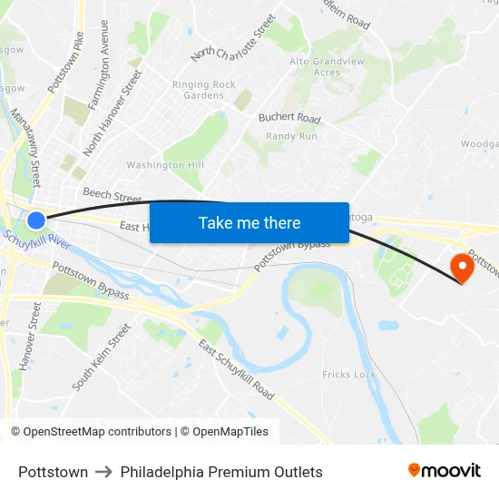 Pottstown to Philadelphia Premium Outlets map