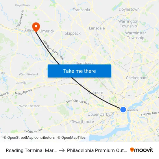 Reading Terminal Market to Philadelphia Premium Outlets map