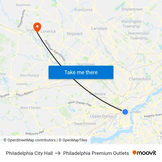Philadelphia City Hall to Philadelphia Premium Outlets map